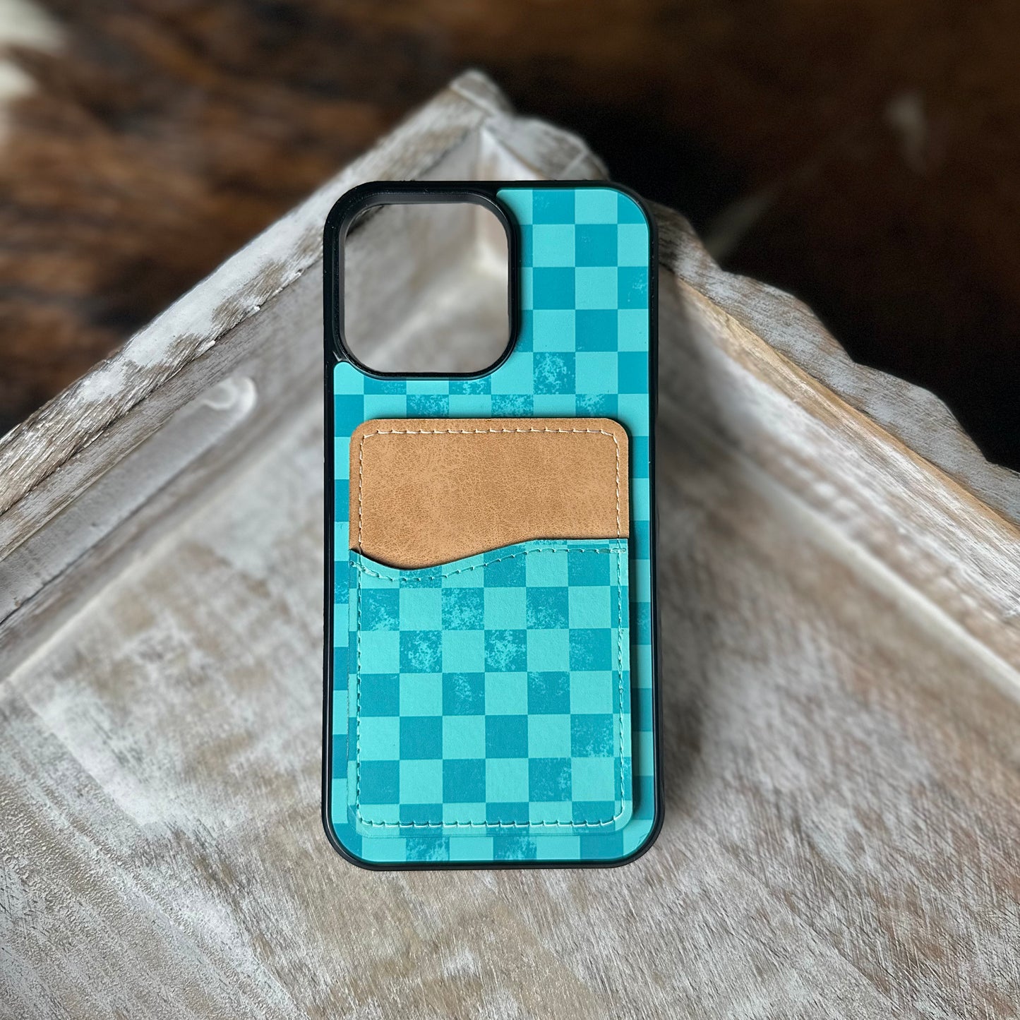 Turquoise checkered wallet phone case