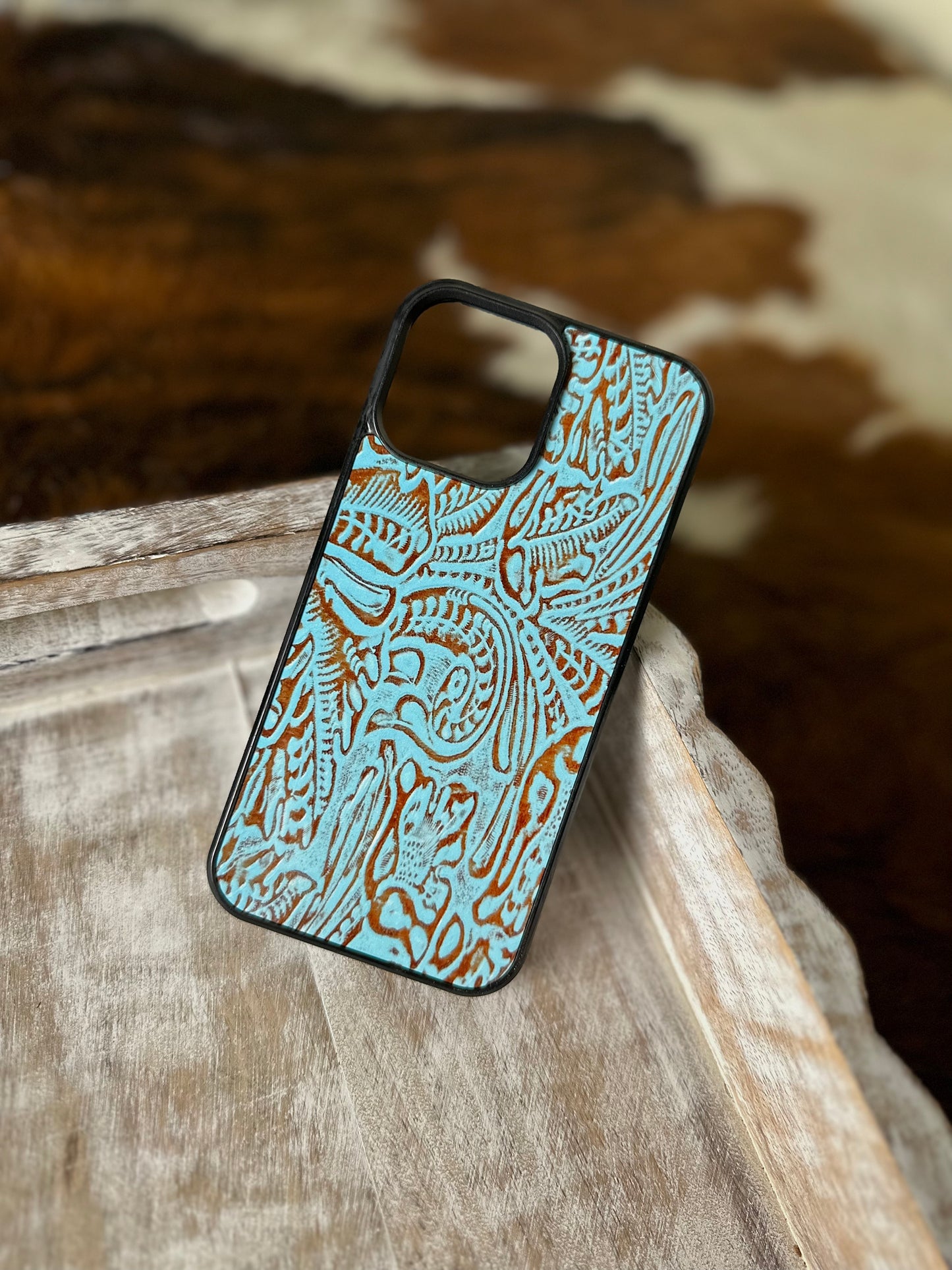 Turquoise & brown leather print phone case (not real leather)