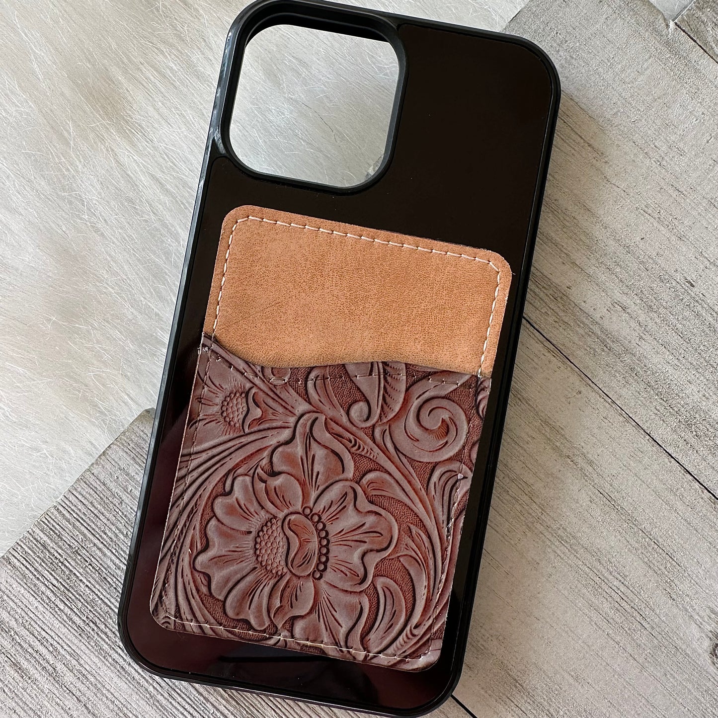 Brown tooled leather print card holder (not real leather)