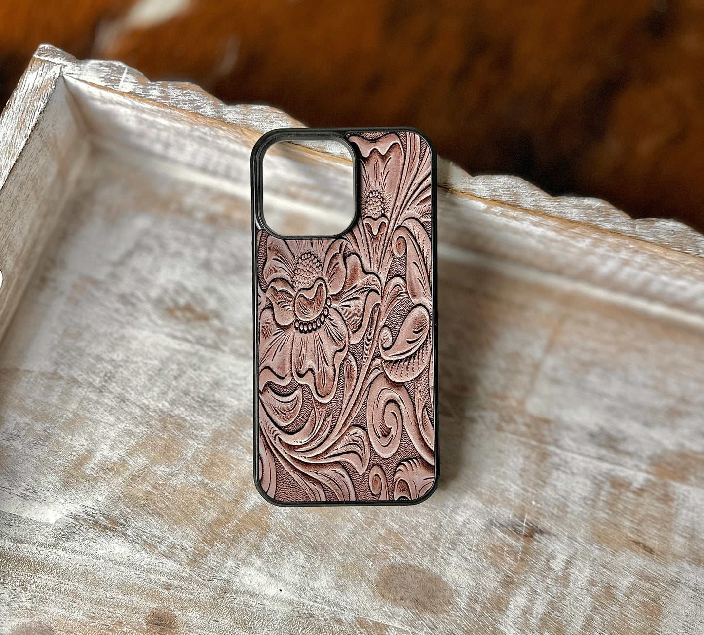 Brown tooled print phone case (NOT REAL LEAHER)