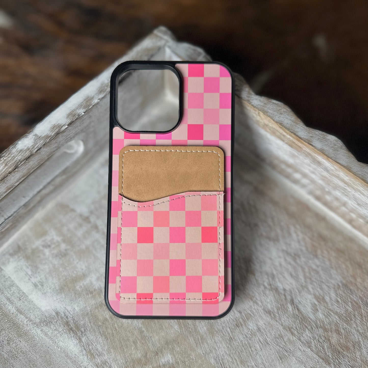 Pink checkered wallet phone case