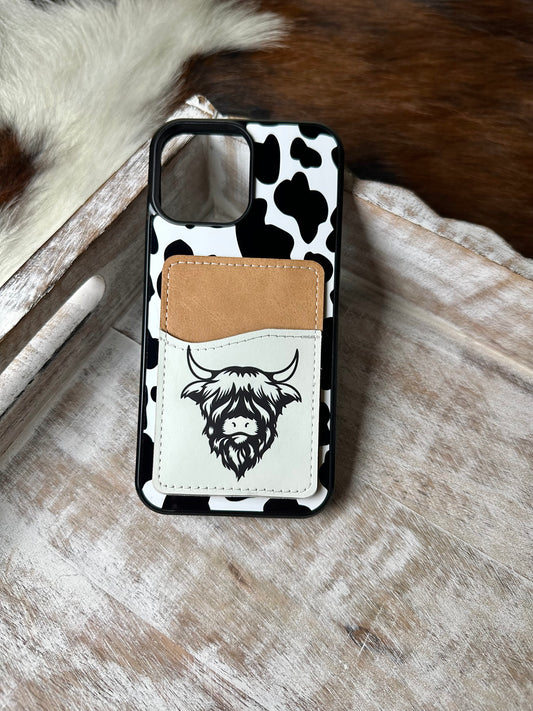 B&W highland cow wallet phone case for Samsung and iPhone