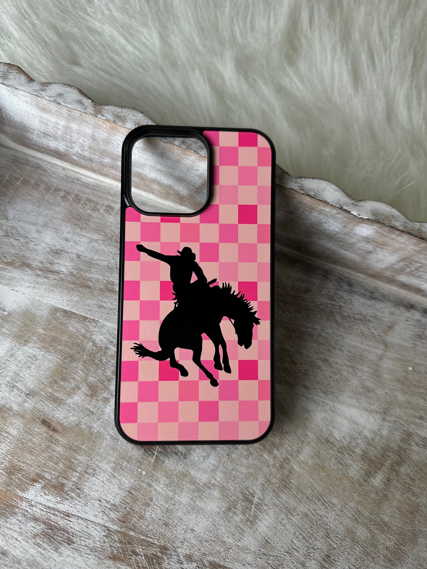 Pink checkered bronc phone case