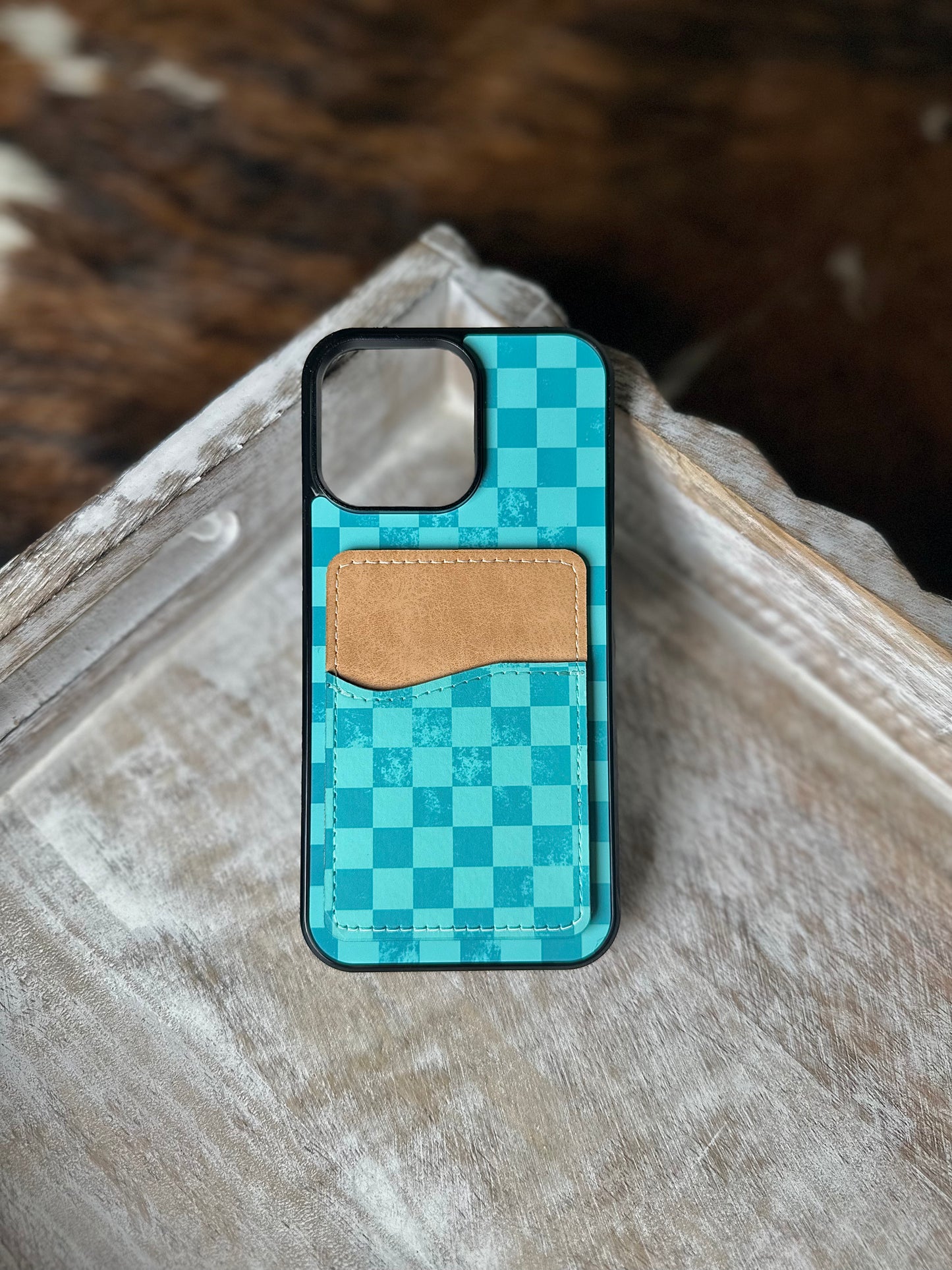 Turquoise checkered wallet phone case
