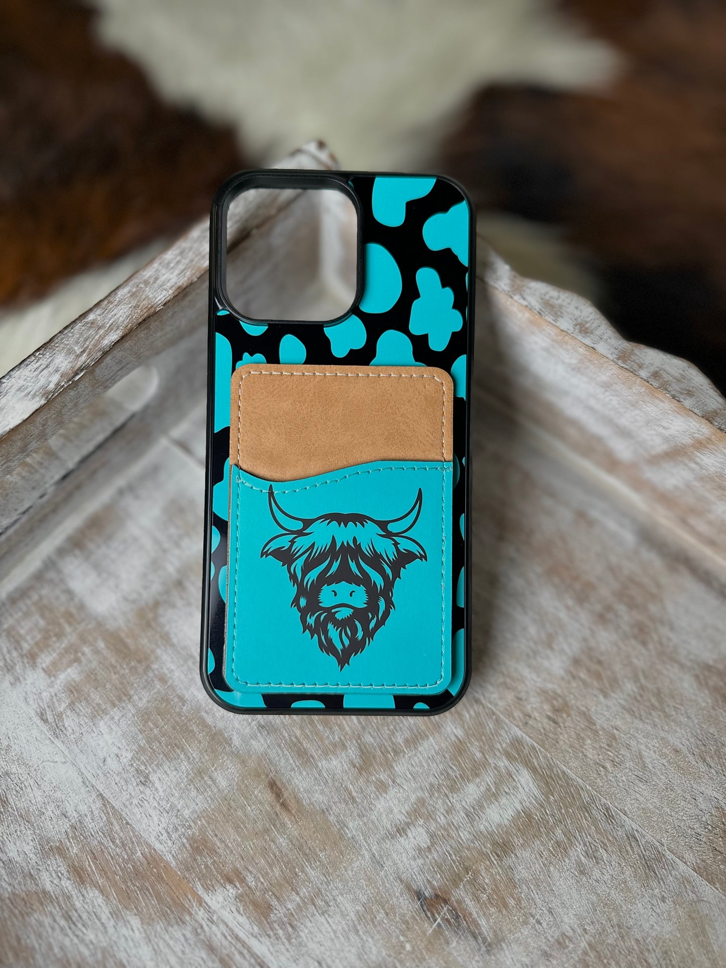 Turquoise highland cow wallet phone case