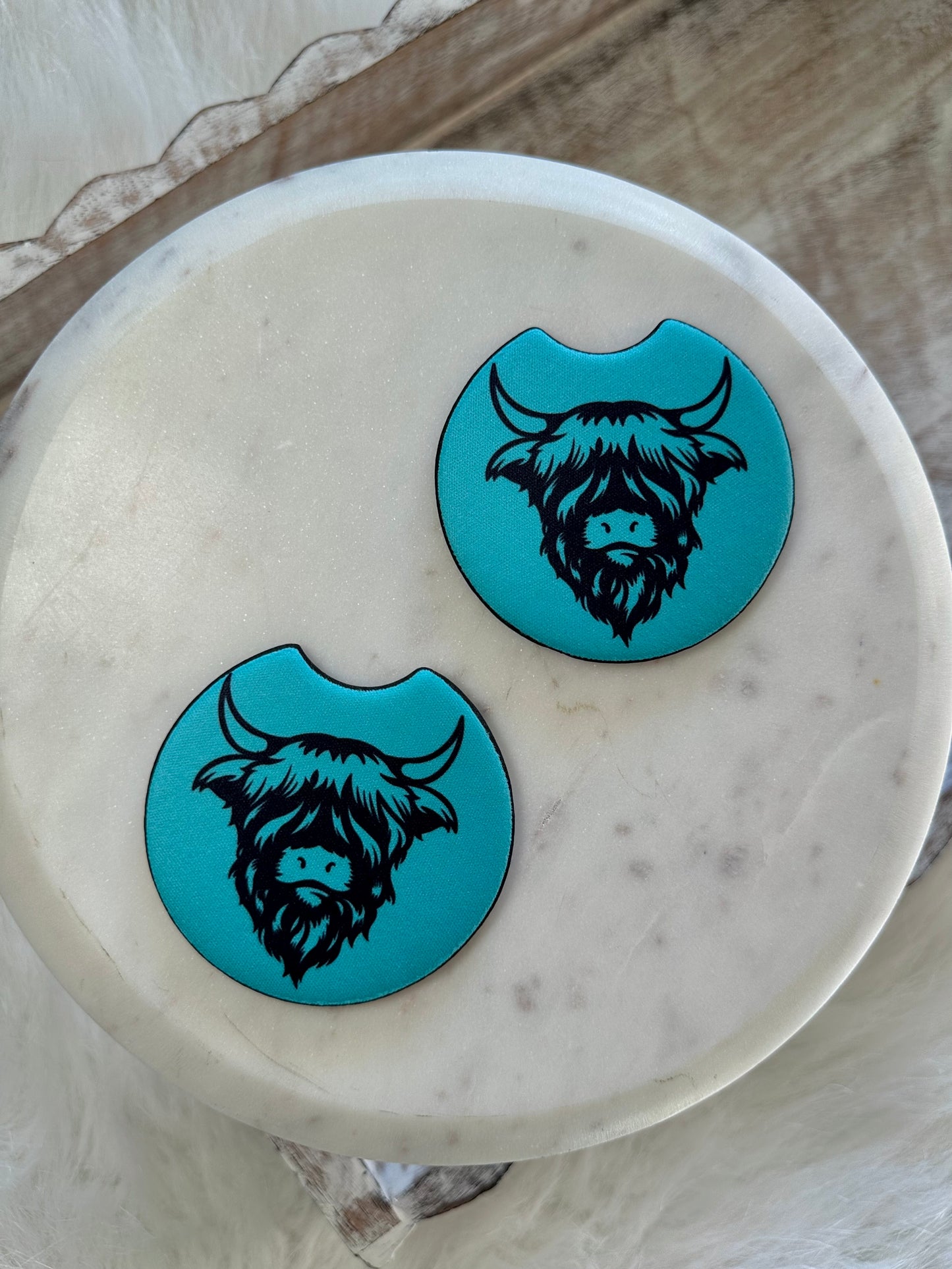 Turquoise highland cow car coasters