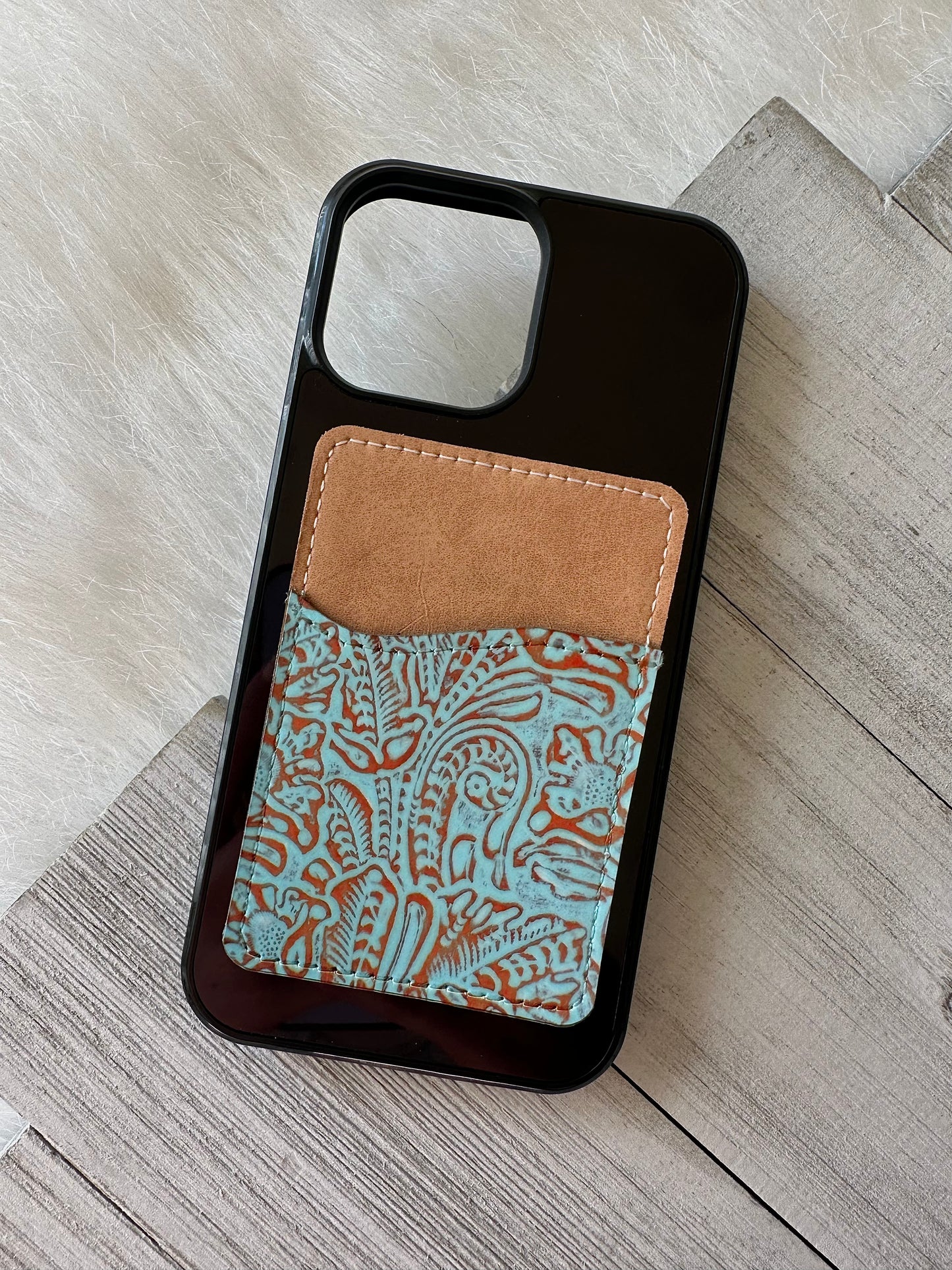 Blue tooled leather print card holder (not real leather)