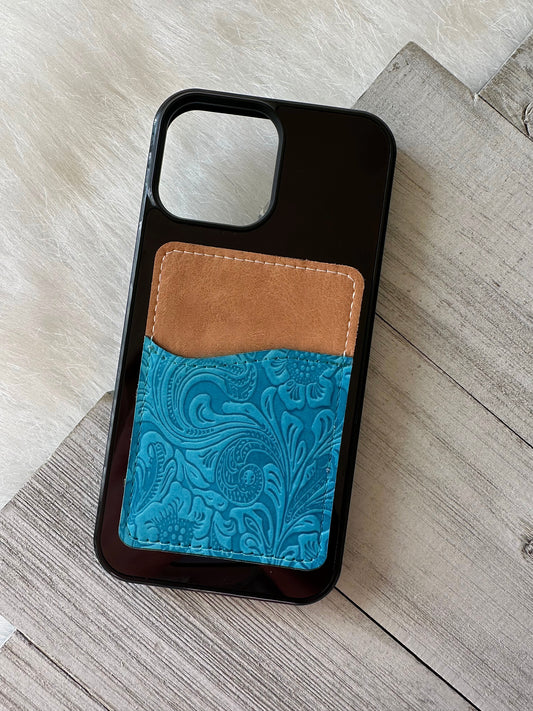 Turquoise tooled leather print card holder (not real leather)