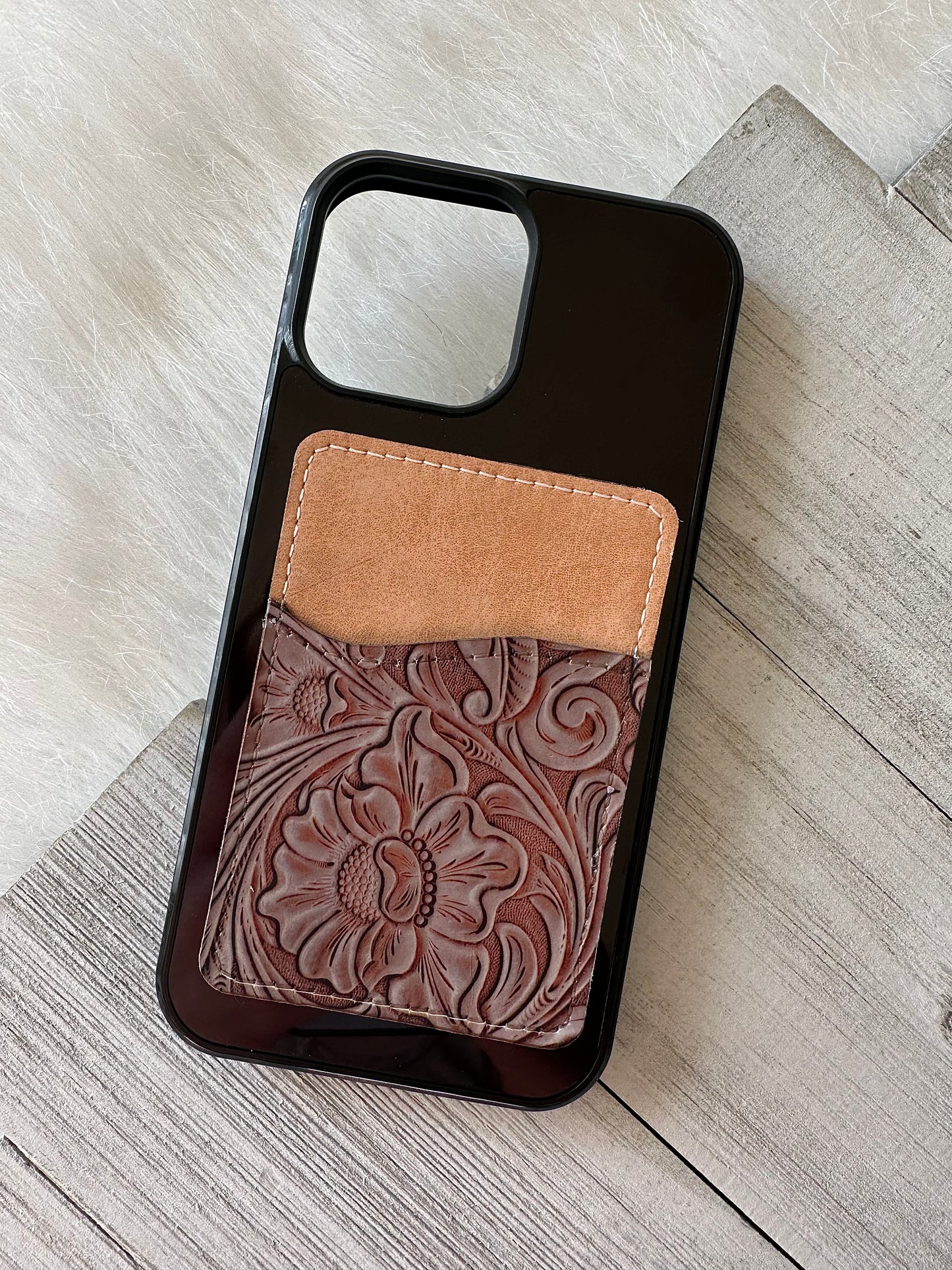 Brown tooled leather print card holder (not real leather)
